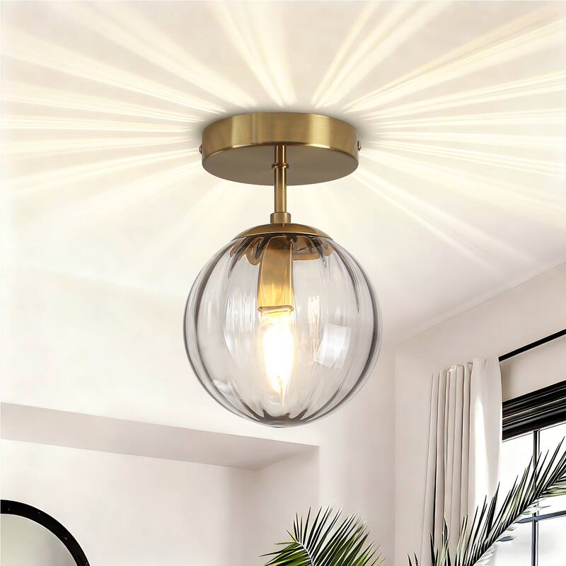 Modern Single Semi Flush Ceiling Light with Metal Base & Ribbed Gray Glass Globe Shade - Brushed Gold
