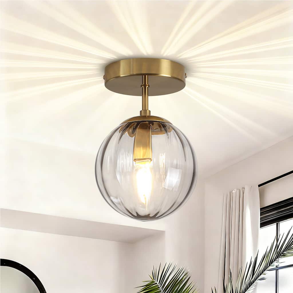 Modern Single Semi Flush Ceiling Light with Metal Base & Ribbed Gray Glass Globe Shade