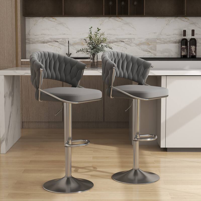 Set of 2 Modern Velvet Adjustable Bar Stools with Backs