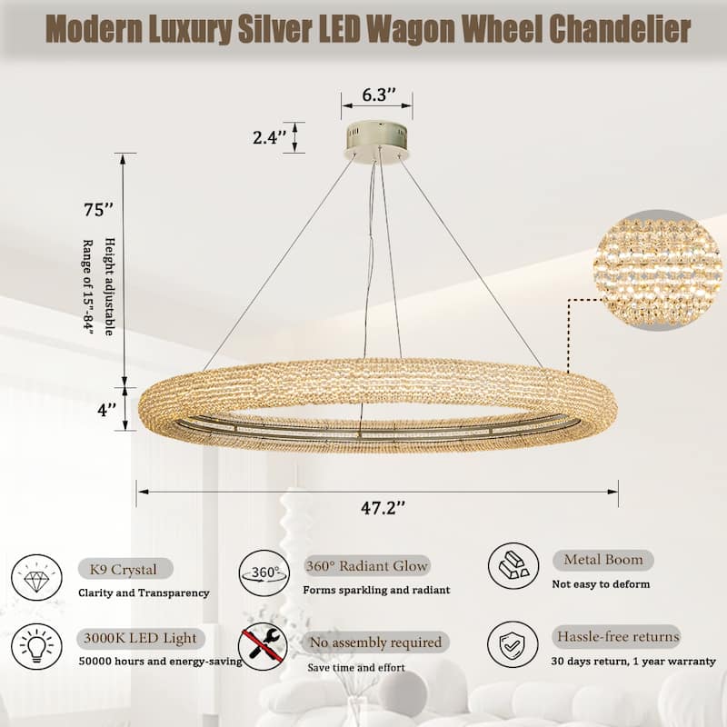 Unique/Statement Soft Gold LED Wagon Wheel Chandelier With Crystal Beads Accents