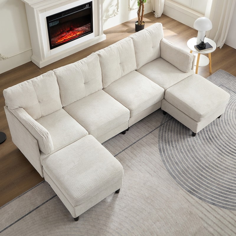 Mixoy W89inch U-Shaped Corduroy Sectional Sofa with Reversible Ottoman,Upholstered 4-Seater Sofa - 4+2 - Beige