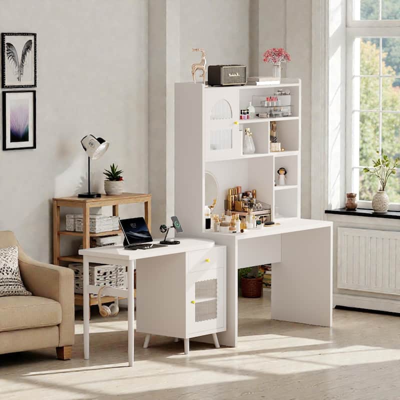 43 Inch Computer Desk with 90 Degree Rotating Desktop, Office Desk with Drawer Cabinets and Shelves for Home Office