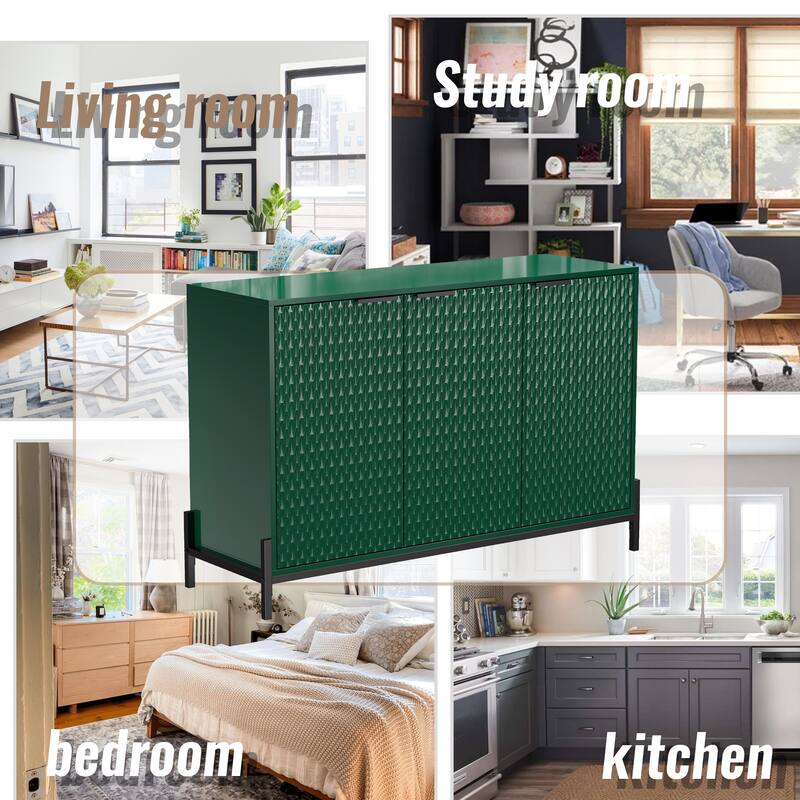 Modern White High Gloss 3-Door Cabinet -Buffet Sideboard with Powder Coated Metal Feet