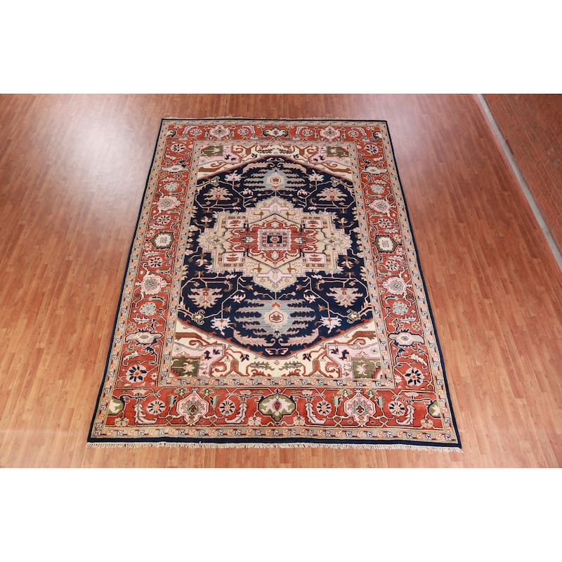 Hand Knotted Oriental 100% Wool Carpet Traditional Medallion Navy Blue & Blues Heriz (serapi) Area Rug - 13' 10'' X 9' 11''