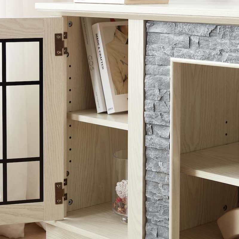 58" Modern TV Stand with Faux Stone Surround, Media Console Cabinet with 2 Doors and Shelves for TVs up to 75"