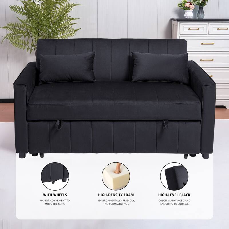 2 Seat Sleeper Sofa Bed, 3-in-1 Velvet Pull Out Couch w/ Adjustable Back, Square Armrest Sofa w/ 2 Pillows Storage Pockets