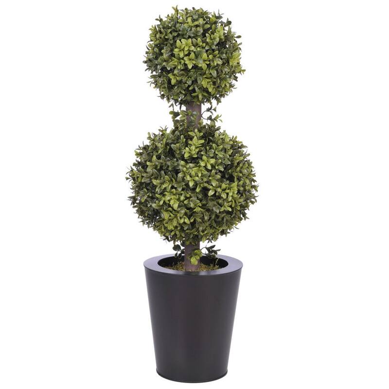 Faux 2ft Double Ball Topiary in Planter - Black Round Zinc