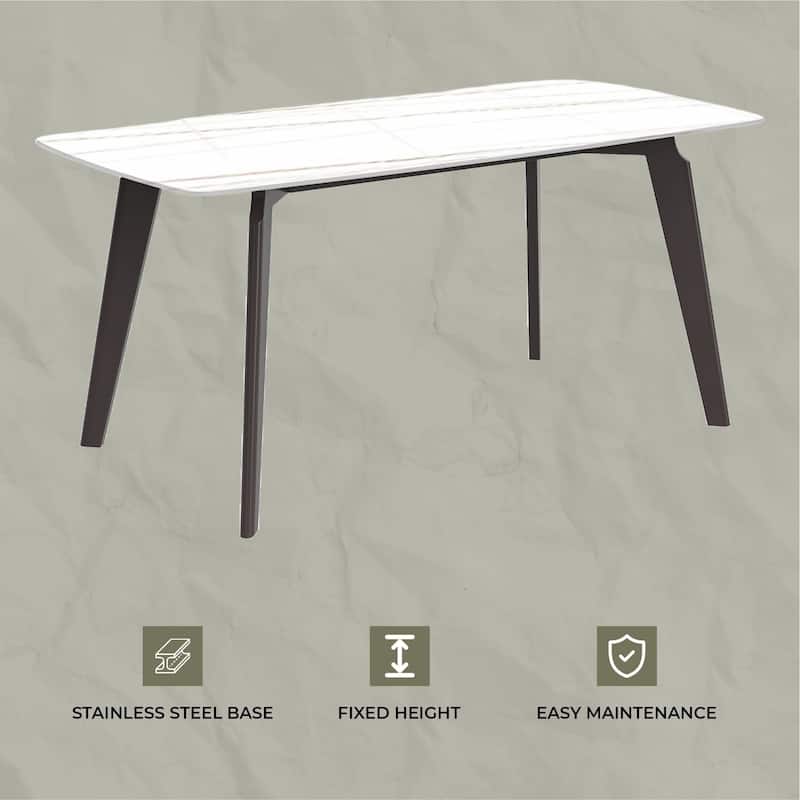 Krevor Modern Dining Table with Rectangular Sintered Stone or Glass Wide Tabletop and Black Steel Base