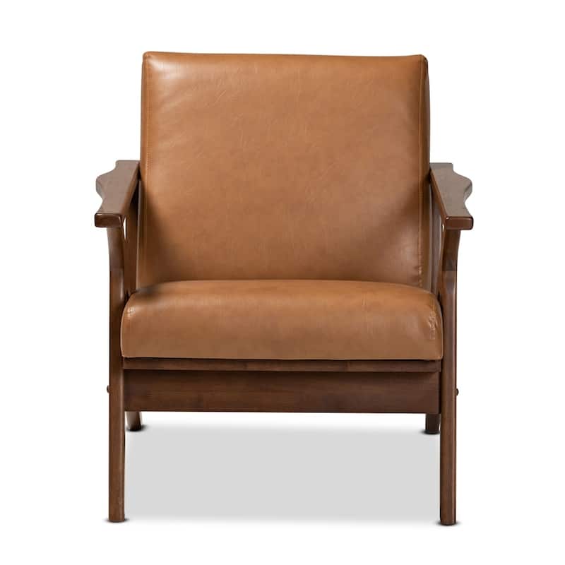 Bianca Mid-Century Modern Walnut Brown Finished Wood and Tan Faux Leather Effect Lounge Chair