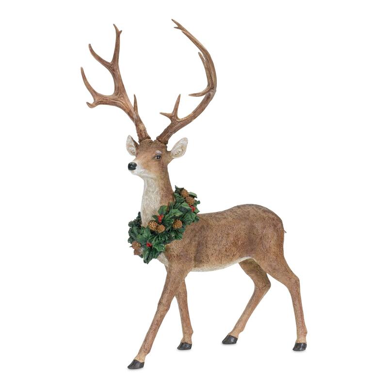 2 Adorable Two Reindeers Wearing Wreath Christmas Figurine 28.5"