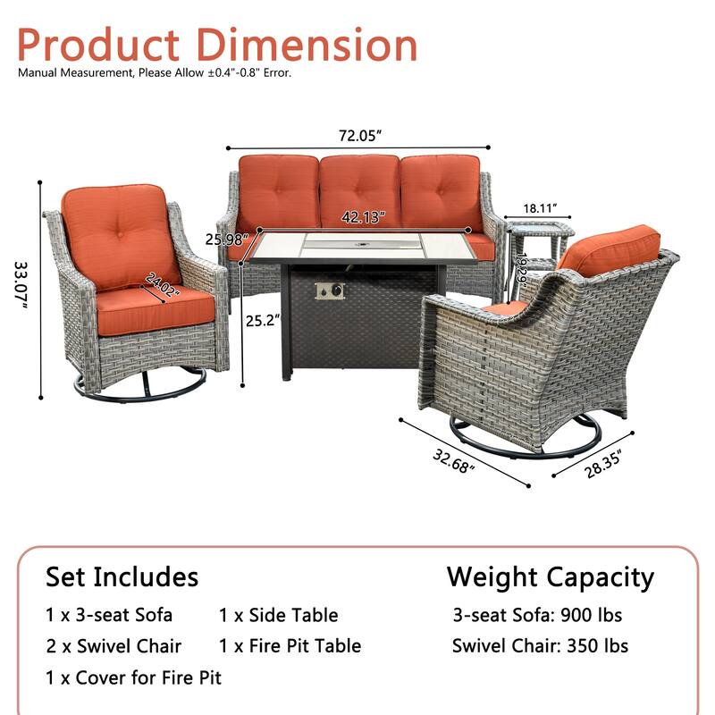 HOOOWOOO 5-piece Wicker Outdoor Furniture Swivel Chairs Set with Fire Pit