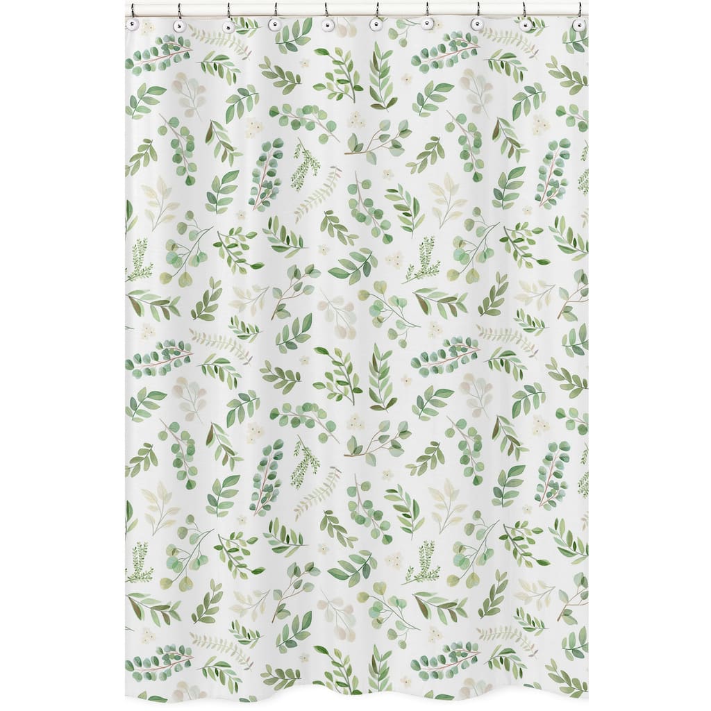 Floral Leaf Collection Bathroom Fabric Bath Shower Curtain - Green and White Boho Watercolor Botanical Woodland Tropical Garden