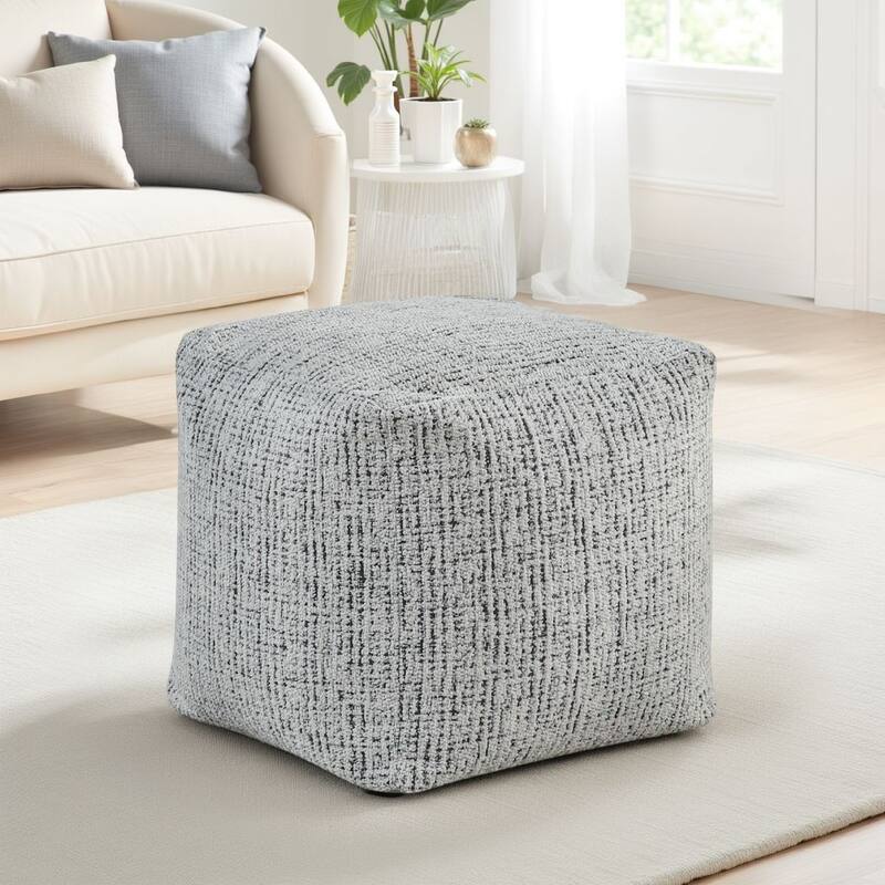 Modern Pouf Ottoman, Black White Textured Chenille, 16 Inch Square