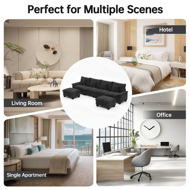 144" Modular Compression Sofa Set Convertible Sectional Sleeper Couch with 2 Ottomans