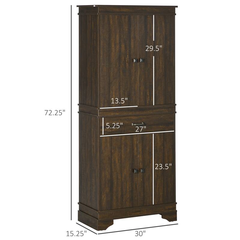 HOMCOM 72" Farmhouse Kitchen Pantry, 4-Door Rustic Storage Cabinet with Drawer and 3 Shelves, Walnut