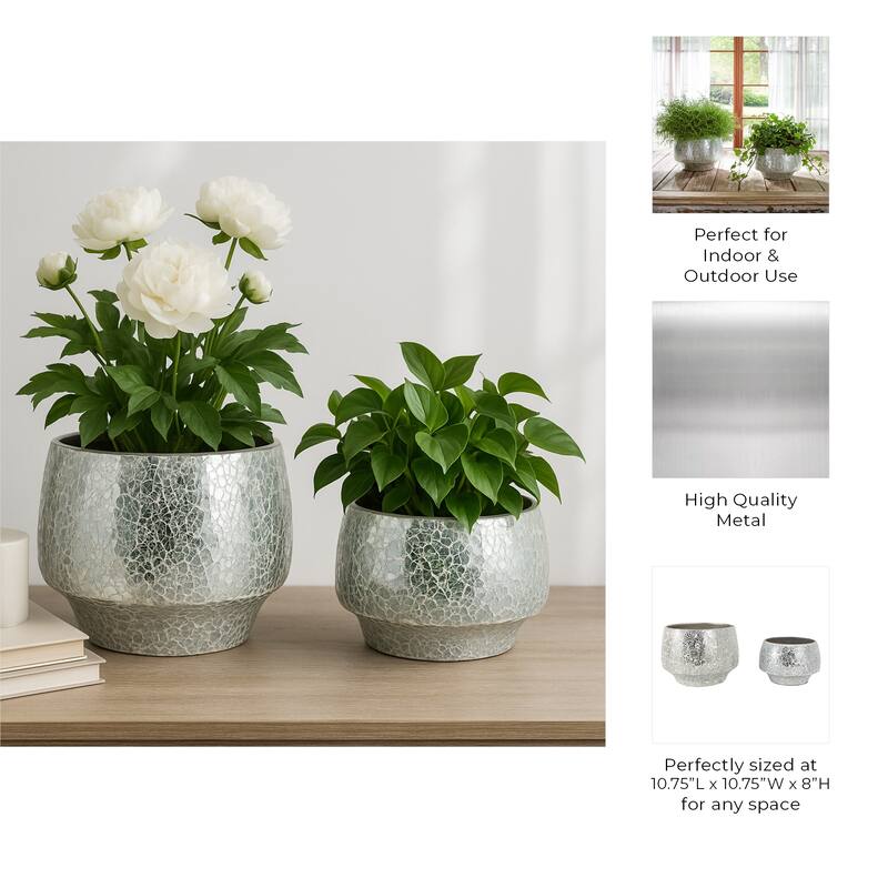 Metal Planters Mirrored Mosaic Surface Modern Accent Home (Set of 2)