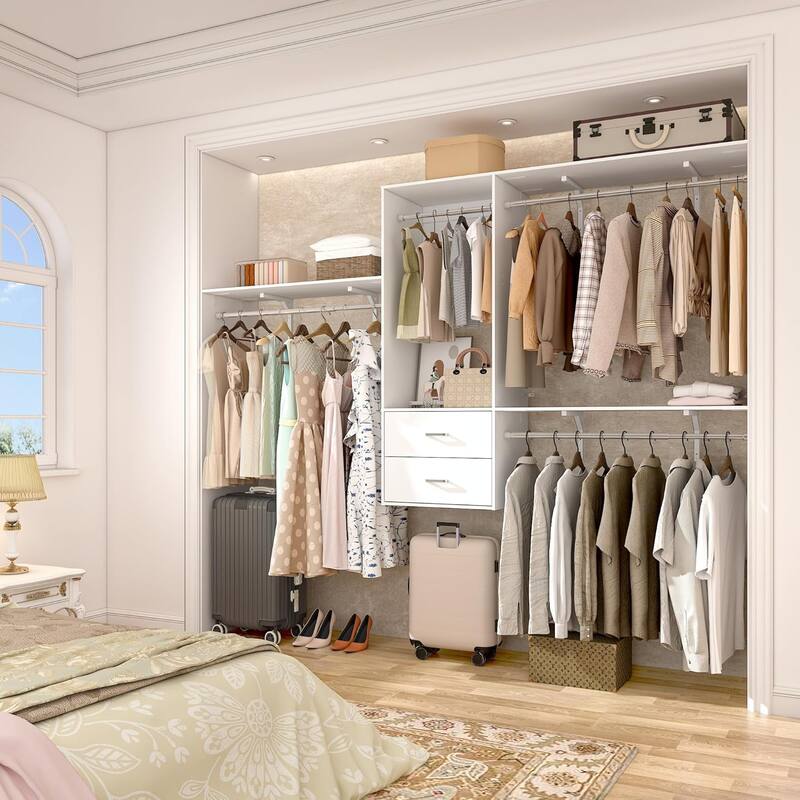 96'' Hanging Closet System with 3 Hanging Rod ＆ 3 Shelving Towers ＆ 2 Drawers,8FT Walk in Closet Organizer System