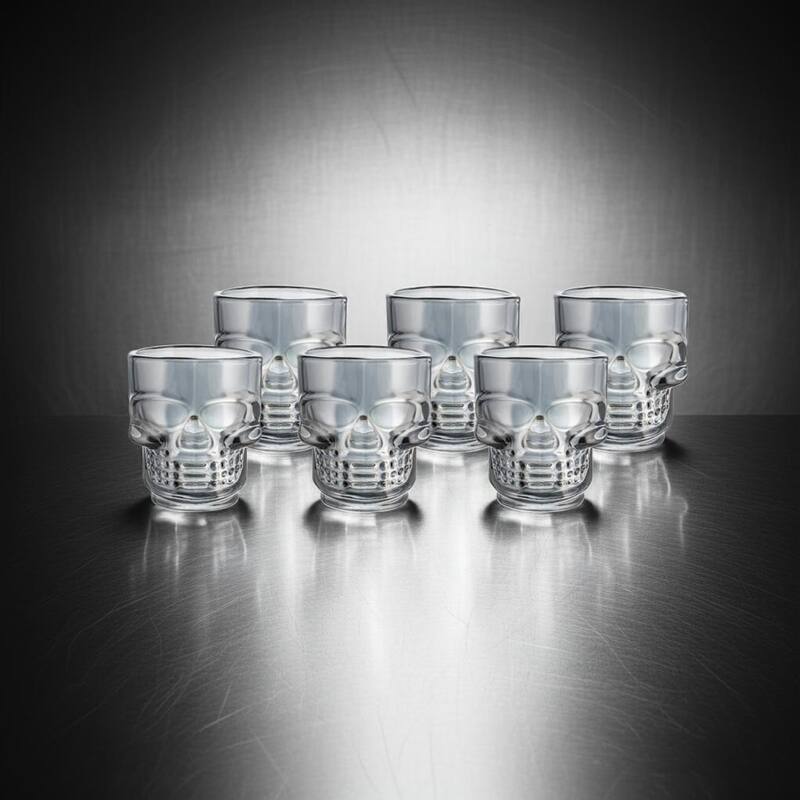 Skull-Shaped Shot Glasses Set of 6, 1.75oz - Glass Novelty Drinkware for Halloween, Parties, and Barware