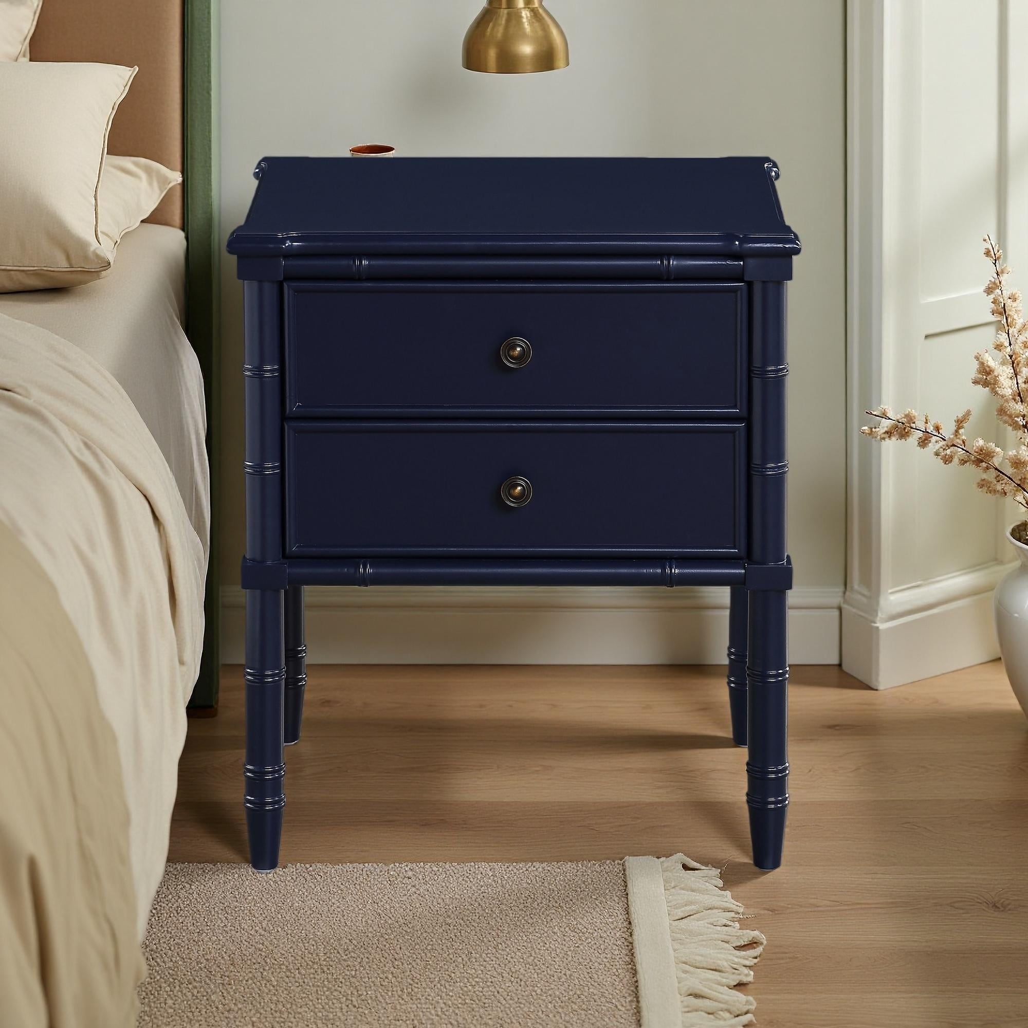 23"L 2-Drawer Nightstand with Carved Bamboo Legs, Shaped Top, Antique Brass Knobs, and Full Extension Glides