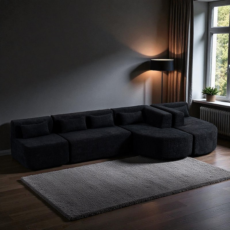 144" Modular Upholstered Sofa with 2 Curved Chaise Lounges and 5 Back Pillows, Boucle Free-Combined Couch for Living Room