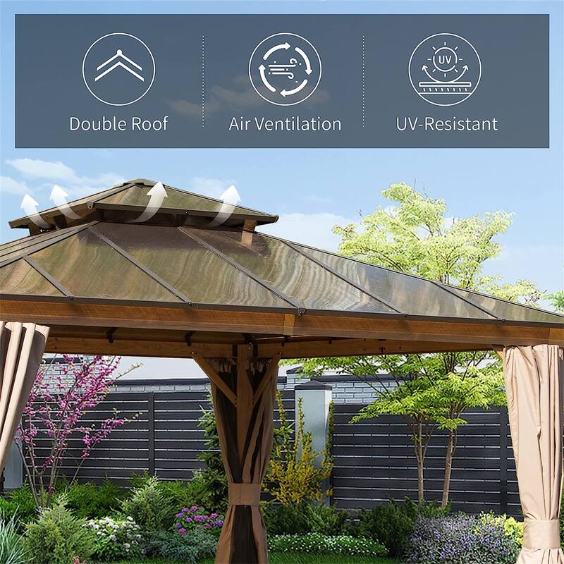 GDFStudio - Everett Permanent Outdoor Gazebo Pavilion with Double Roof and Full Privacy Setup