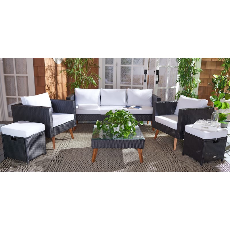 SAFAVIEH Outdoor Gojka 6-Piece Wicker Patio Set with Sofa, Chairs, Ottomans and Glass Top Coffee Table - 69W x 26D x 27H