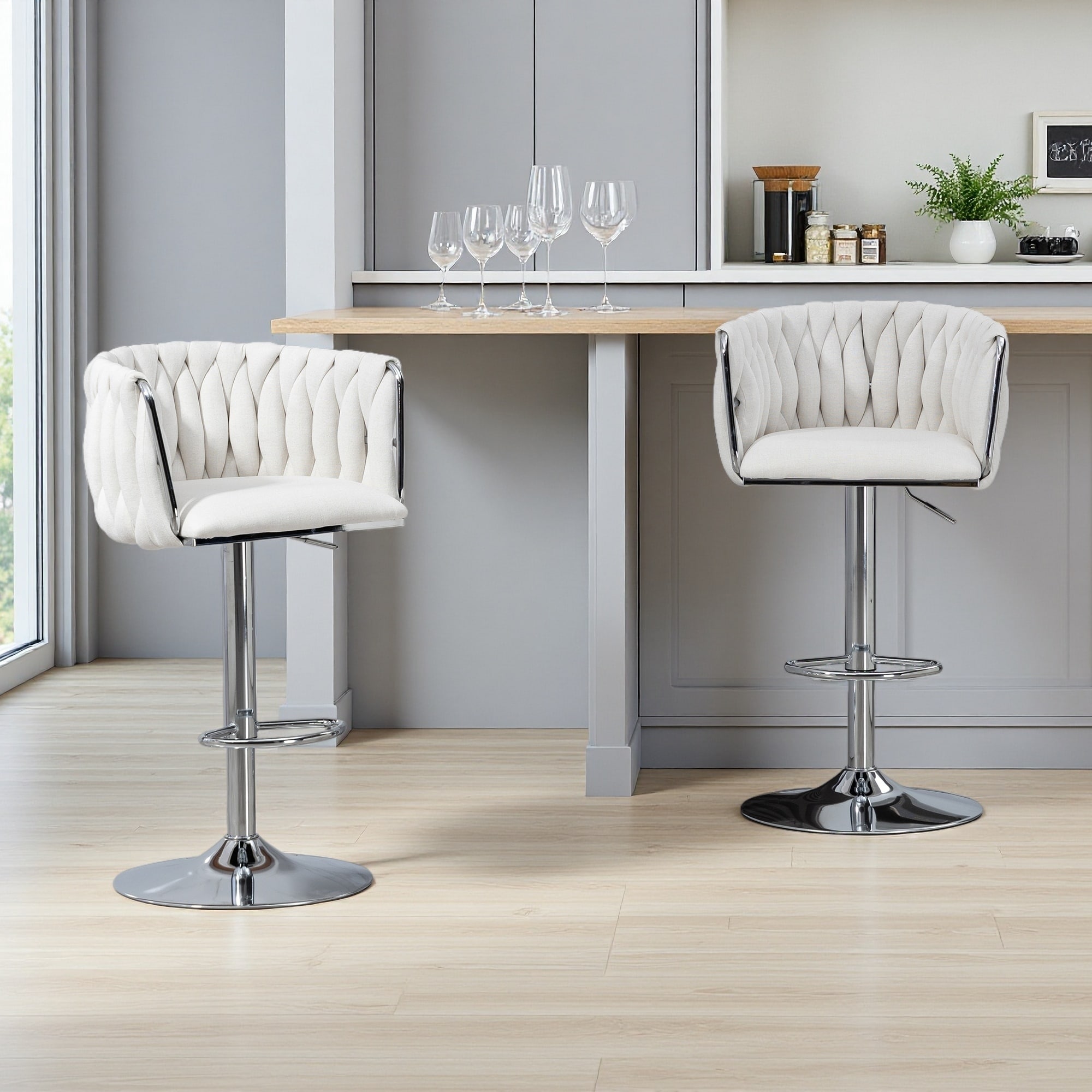35"H Set of 2 Adjustable Fabric Swivel Bar Stools with Woven Backrest - 360° Counter Height Chairs with Chrome Base & Footrest