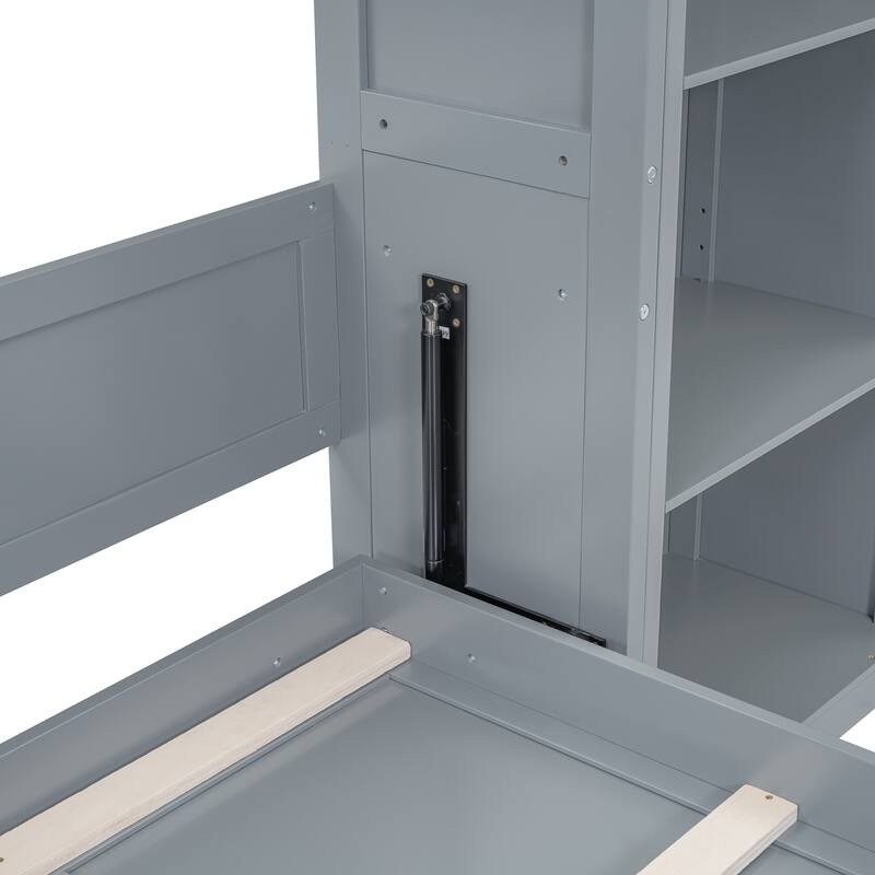 Space-Saving Queen Size Wall Bed with Shelves and Flexible Slats, Gray