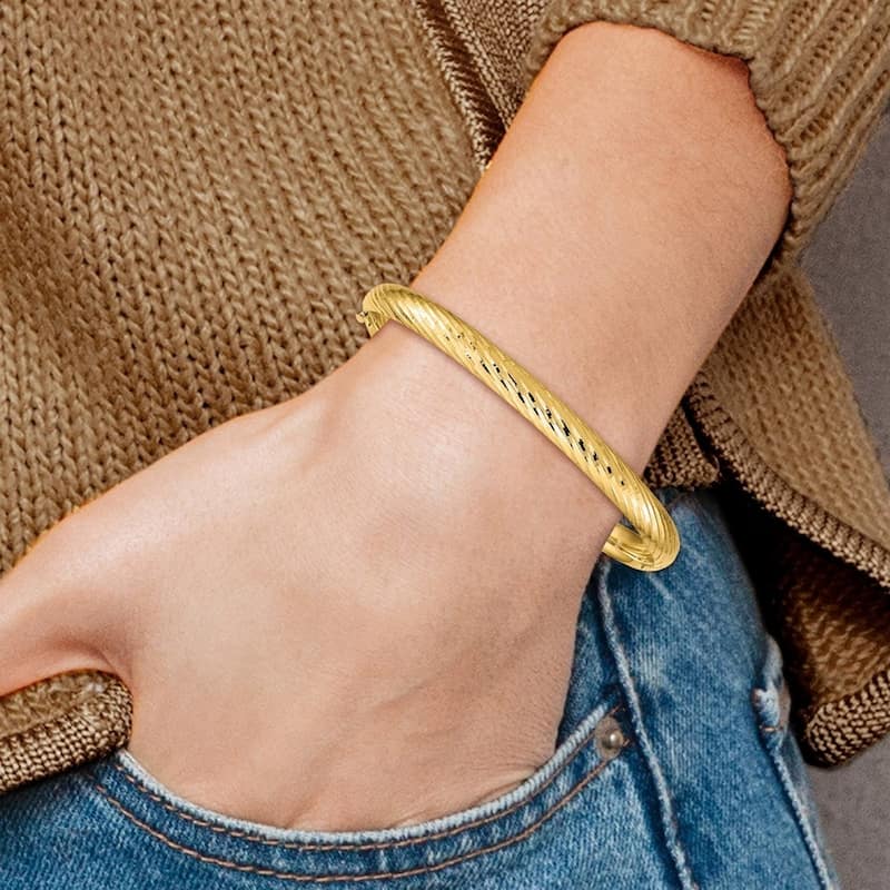 Curata 14k Yellow Gold 4/16 Textured Cuff Stackable Bangle Bracelet