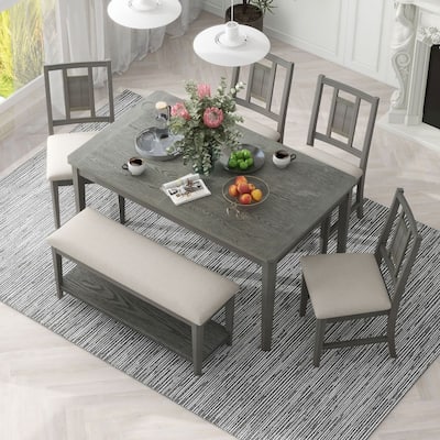 Minimalist 6-piece Dining Set Dining Table and 4 Upholstered Chairs & 1 Bench with a Shelf for Dining Room
