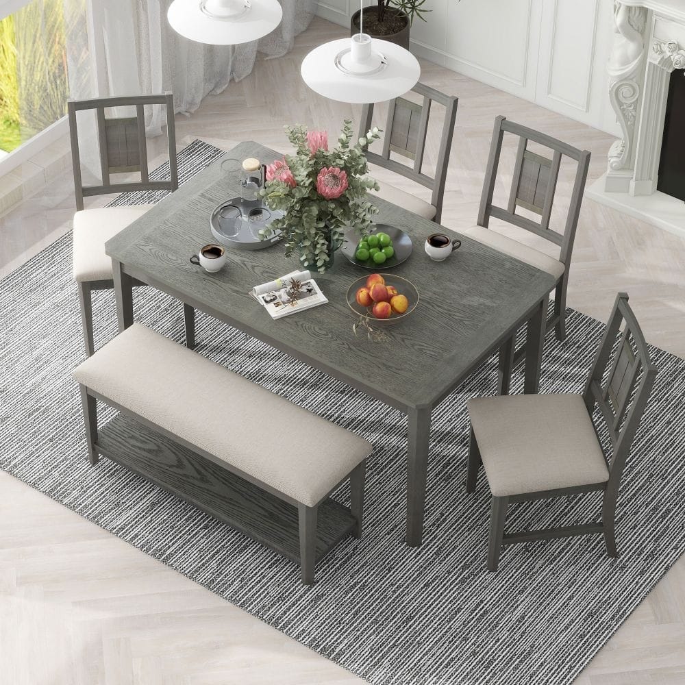 Minimalist 6-piece Dining Set Dining Table and 4 Upholstered Chairs & 1 Bench with a Shelf for Dining Room