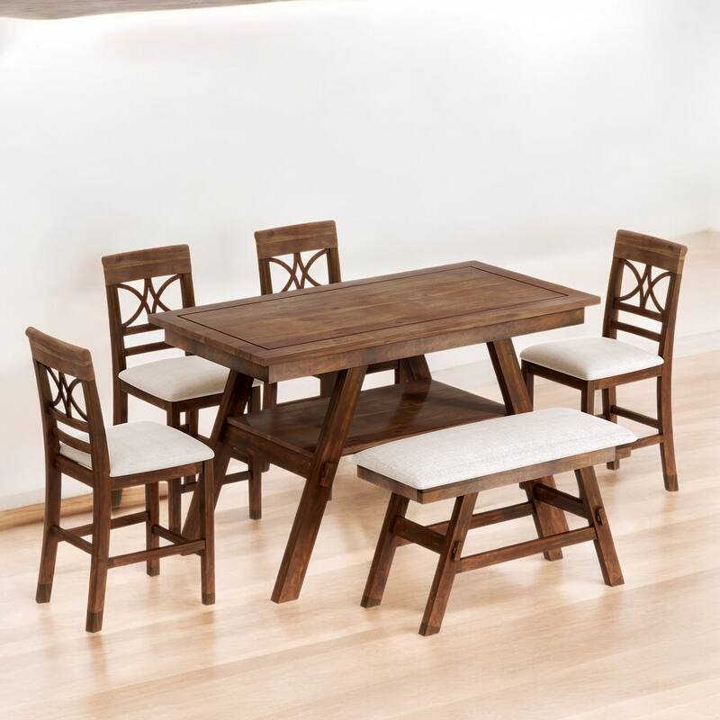 6-Piece Counter Height Dining Set with Storage Shelf, 4 Chairs and Bench, Solid Wood Farmhouse Kitchen Table Set - Walnut+Beige