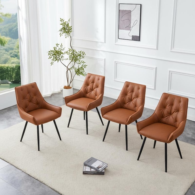 Faux Leather Dining Chairs Set of 4, Modern Upholstered Side Chairs with Gold Mesh Accents and Metal Legs