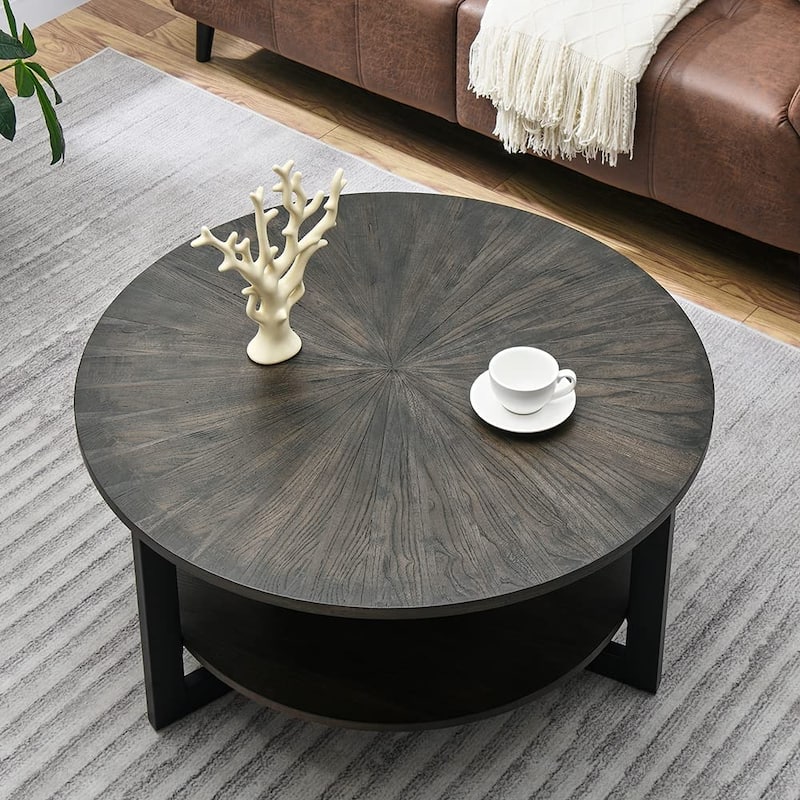 Round Coffee Table with Solid Wood Storage Circle Center Table - Coffee Table - Rustic Black