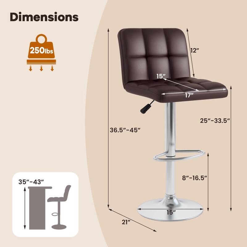 Set of 2 Adjustable Height Bar Stool with PU Leather Seat and Swivel Function for Kitchen or Pub - 17.5"L x 20"W x 37" - 45"H