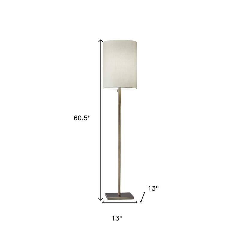 HomeRoots 61" Brass Metal Floor Lamp With White Fabric Cylinder Shade - 13" W x 13" D x 60.5" H