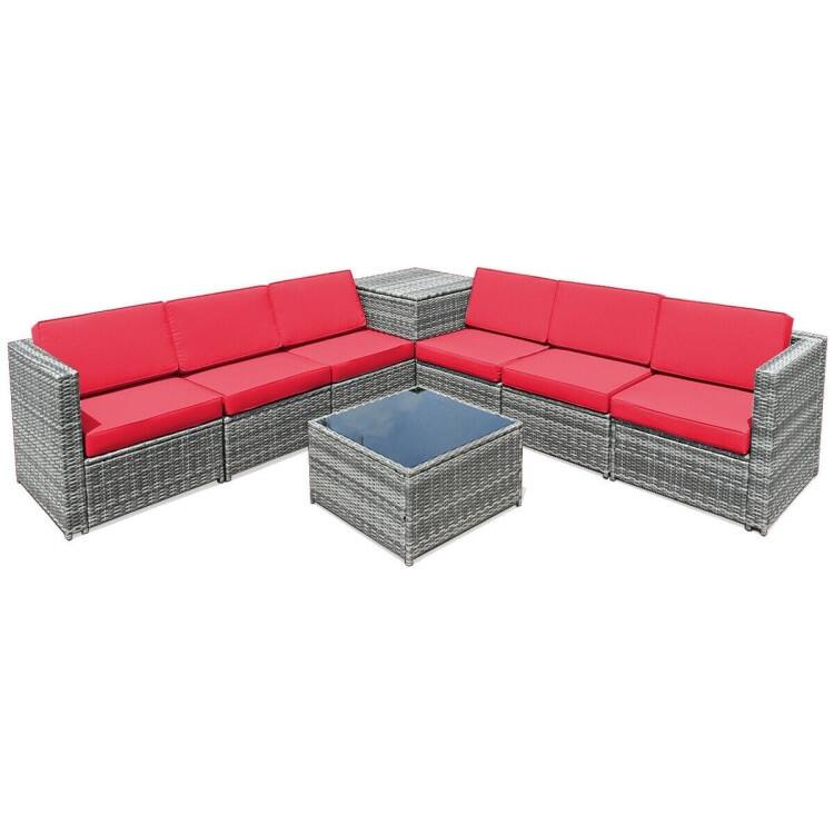 8 PCS Weaving Rattan Sofa Set with Storage Outdoor - 24" x 27" x 25"(L x W x H) - Red