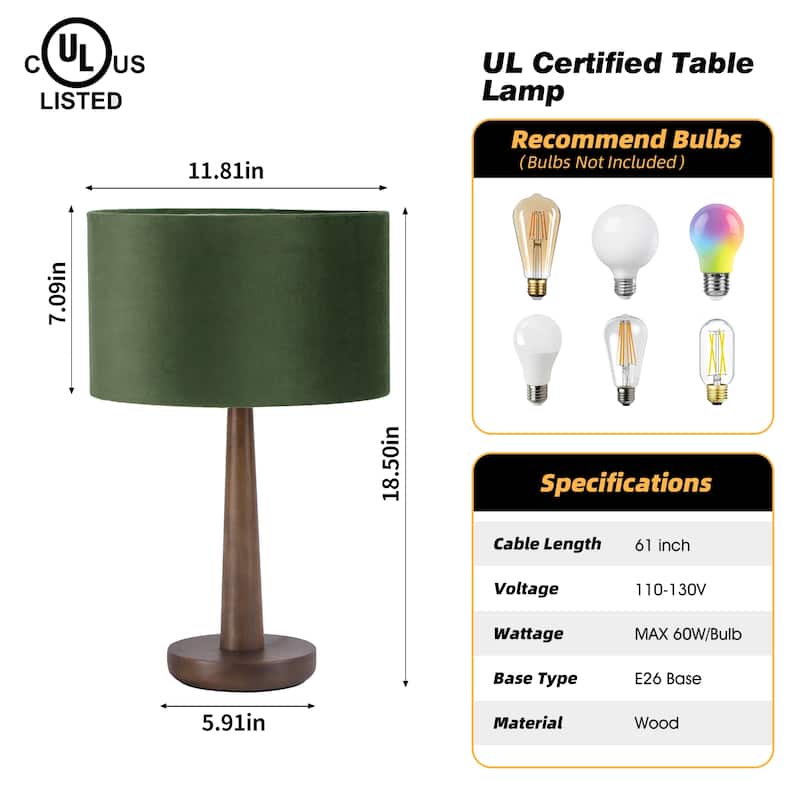 18.5" Modern Table Lamp with Walnut Wood Base, Dimmable Bedside Lamp, UL Listed