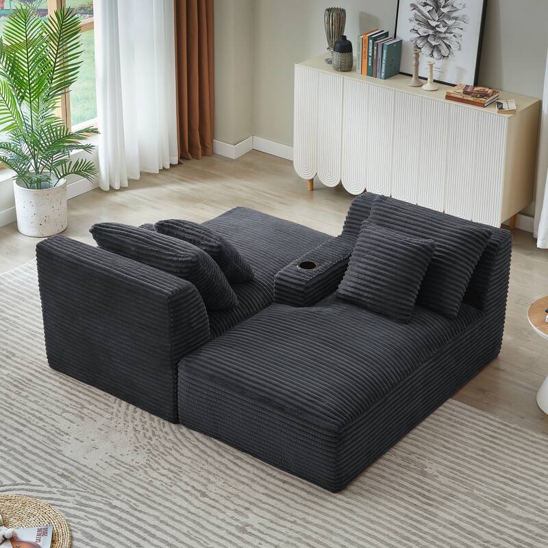 Roomfitters Double Chaise Lounge with Cup Holders and Plush Corduroy Upholstery, No Assembly Modern Sleeper Loveseat