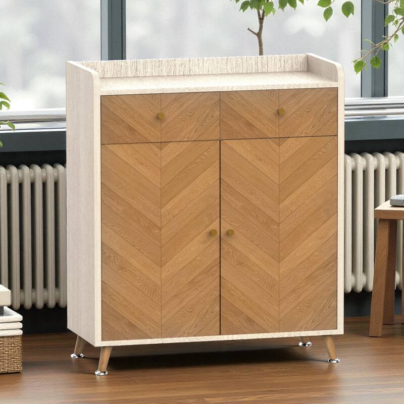 Modern 4-Tier Shoe Cabinet with 2 Drawers and Adjustable Shelves, Herringbone Wooden Freestanding Shoe Storage for Entryway - Oak