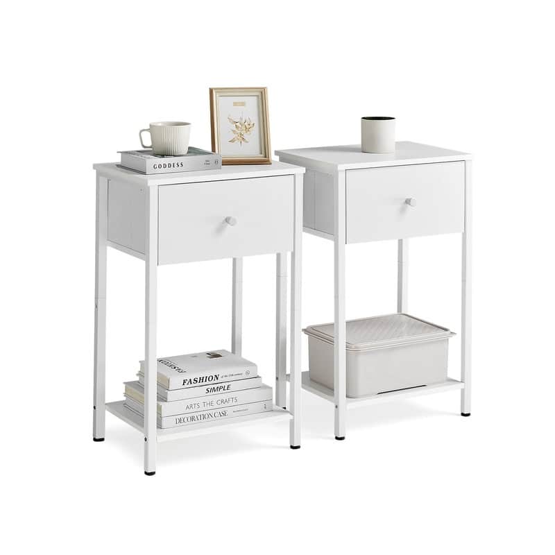 Nightstand, Side Table with Fabric Drawer - White - Set of 2