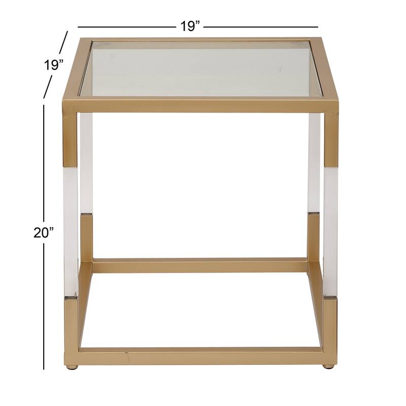 Metal Floral Cube Shaped Accent Table with Clear Glass Top and Acrylic Legs - Silver or Gold - Roche River Decor