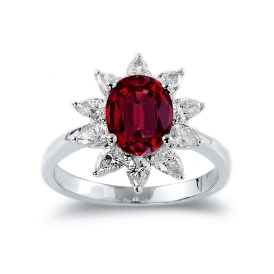 Auriya 2ct Oval-cut Red Ruby Sunburst Halo Diamond Engagement Ring 3/4ctw 18K Gold