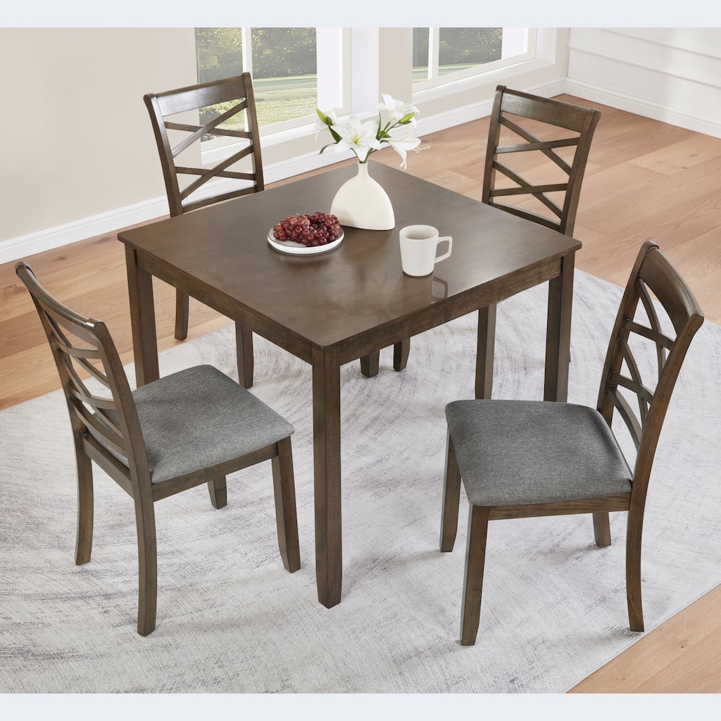 5-Piece Square Dining Table Set with 4 Upholstered Chairs, Rustic Coffee Table Walnut Breakfast Nook