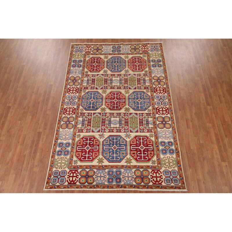 Hand Knotted Oriental 100% Wool Carpet Traditional All-Over Beige & Ivories Kazak Area Rug - 9' 11'' X 6' 8''