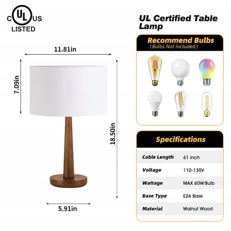 18.5" Modern Table Lamp with Walnut Wood Base, Dimmable Bedside Lamp, UL Listed
