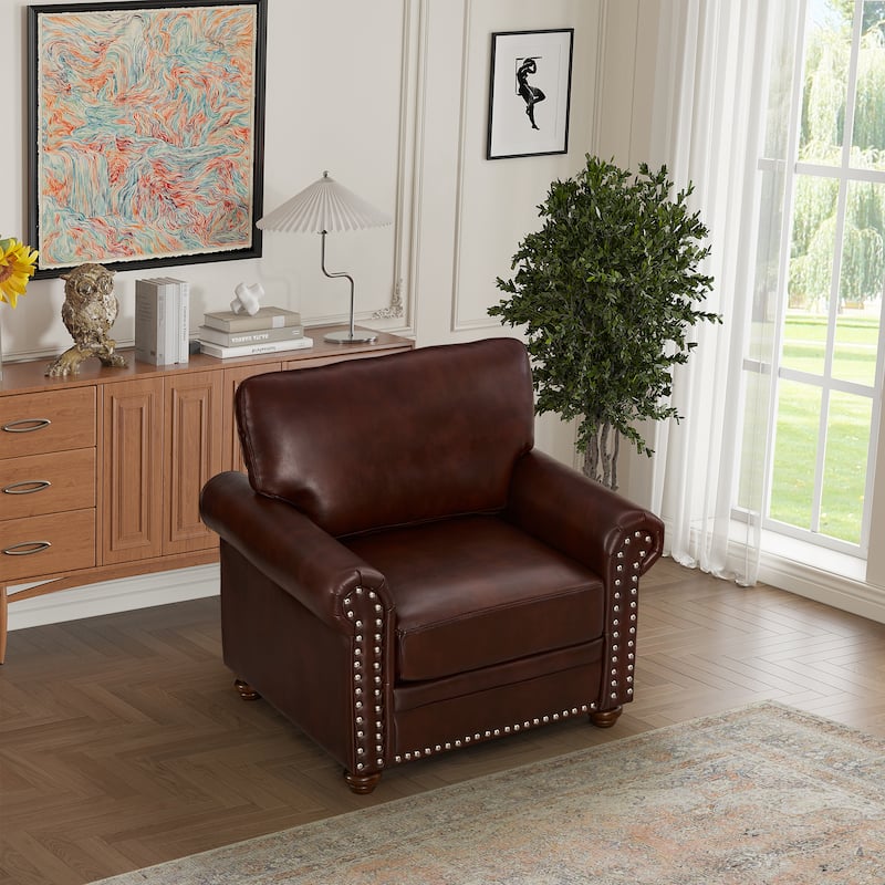 Faux Leather Single Sofa Chair, Upholstered Sofa with Nailhead Trim, Lounge Reading Chair with Solid Wood Legs