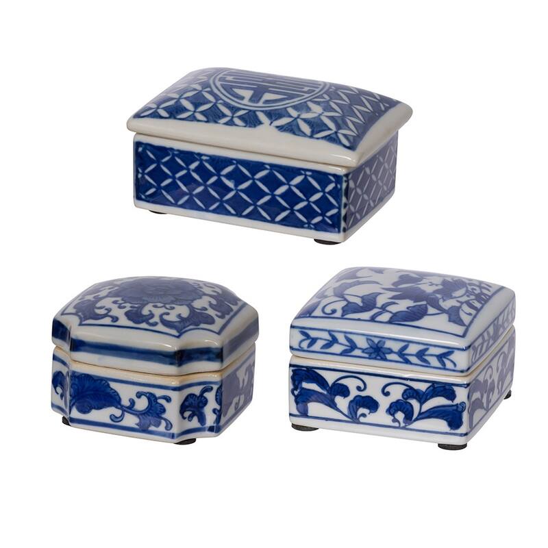 Set of 3 Decorative Boxes, White and Blue Porcelain Pottery, Floral Designs - White