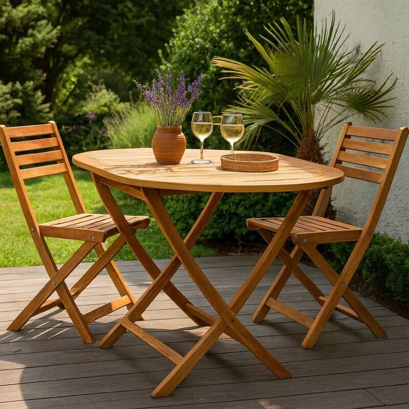 Outdoor Folding Dining Table, Slatted, X Legs, 63 Inch Brown Wood - Natural Brown