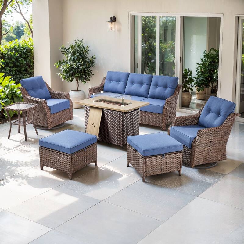 Artisan Brown Wicker Patio Fire Pit Conversation Set with 3-Seat Sofa & Swivel Gliders - Navy Blue - 7-Piece